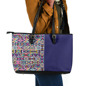 African Ndebele Art Patterns Leather Tote Bag Navy Blue Half Style