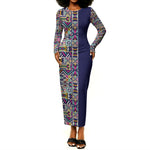 African Ndebele Art Patterns Long Sleeve Bodycon Dress Navy Blue Half Style