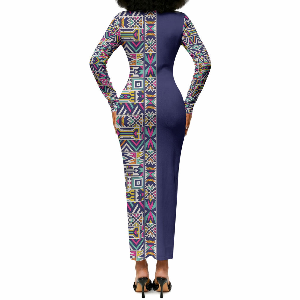African Ndebele Art Patterns Long Sleeve Bodycon Dress Navy Blue Half Style