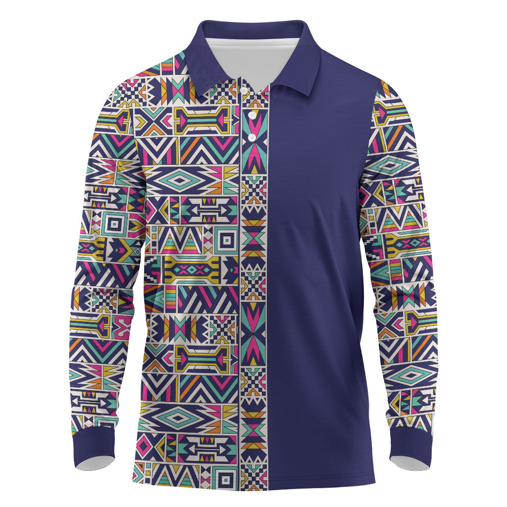 African Ndebele Art Patterns Long Sleeve Polo Shirt Navy Blue Half Style