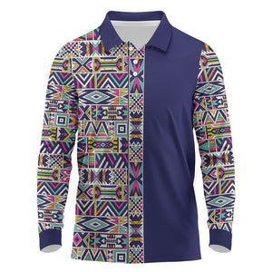 African Ndebele Art Patterns Long Sleeve Polo Shirt Navy Blue Half Style
