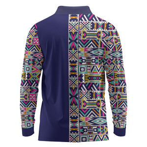 African Ndebele Art Patterns Long Sleeve Polo Shirt Navy Blue Half Style