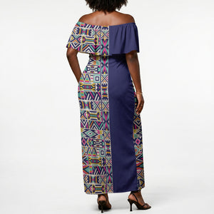 African Ndebele Art Patterns Off Shoulder Maxi Dress Navy Blue Half Style