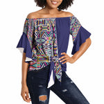 African Ndebele Art Patterns Off Shoulder Wrap Waist Top Navy Blue Half Style