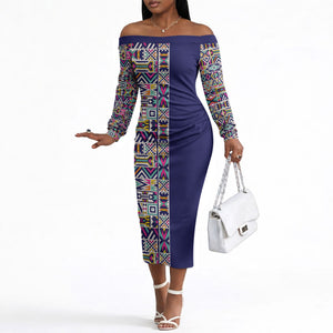 African Ndebele Art Patterns Off The Shoulder Long Sleeve Dress Navy Blue Half Style
