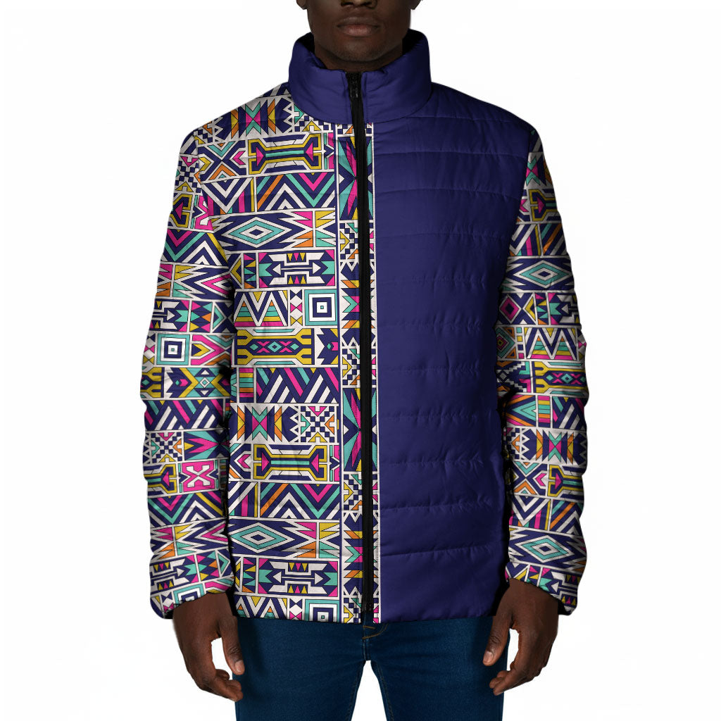 African Ndebele Art Patterns Padded Jacket Navy Blue Half Style