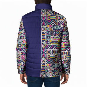 African Ndebele Art Patterns Padded Jacket Navy Blue Half Style