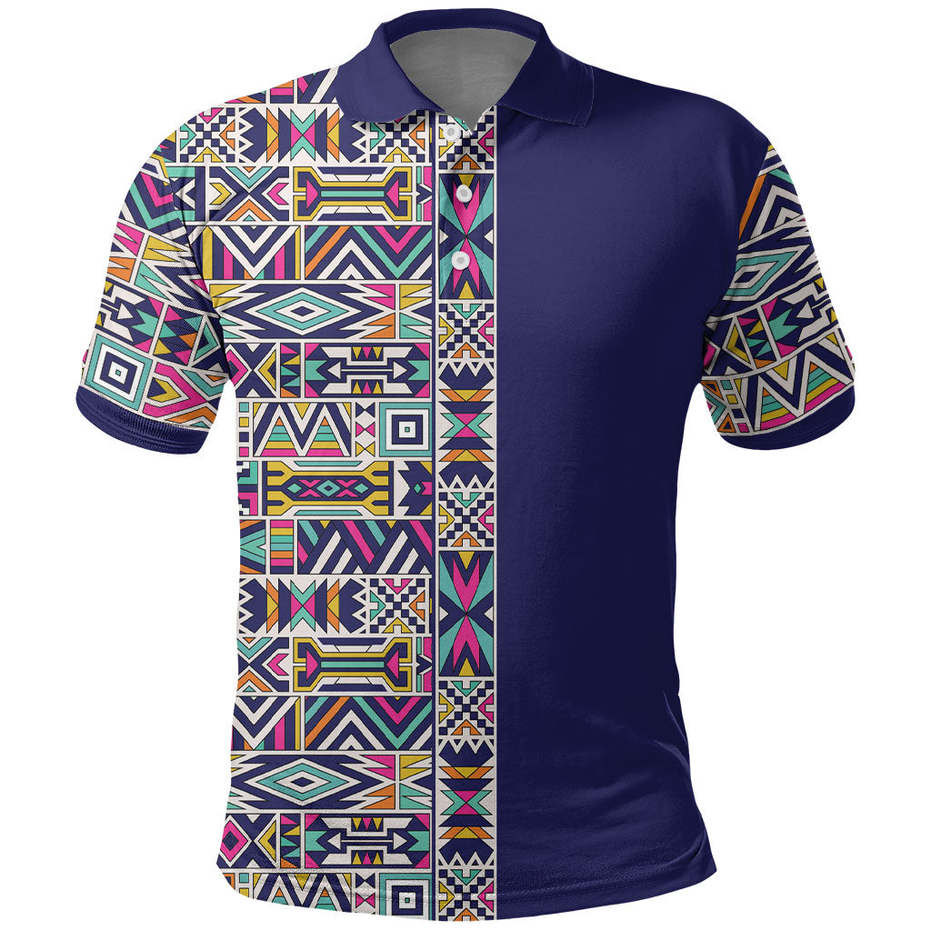 African Ndebele Art Patterns Polo Shirt Navy Blue Half Style