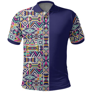 African Ndebele Art Patterns Polo Shirt Navy Blue Half Style