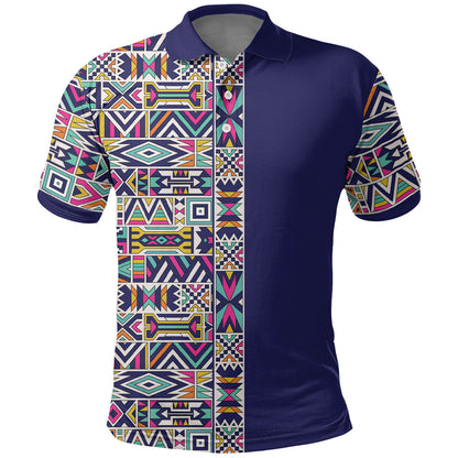 African Ndebele Art Patterns Polo Shirt Navy Blue Half Style
