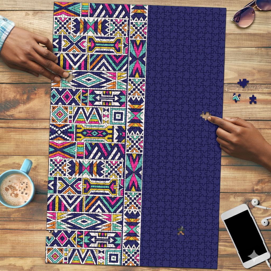 African Ndebele Art Patterns Puzzle Navy Blue Half Style