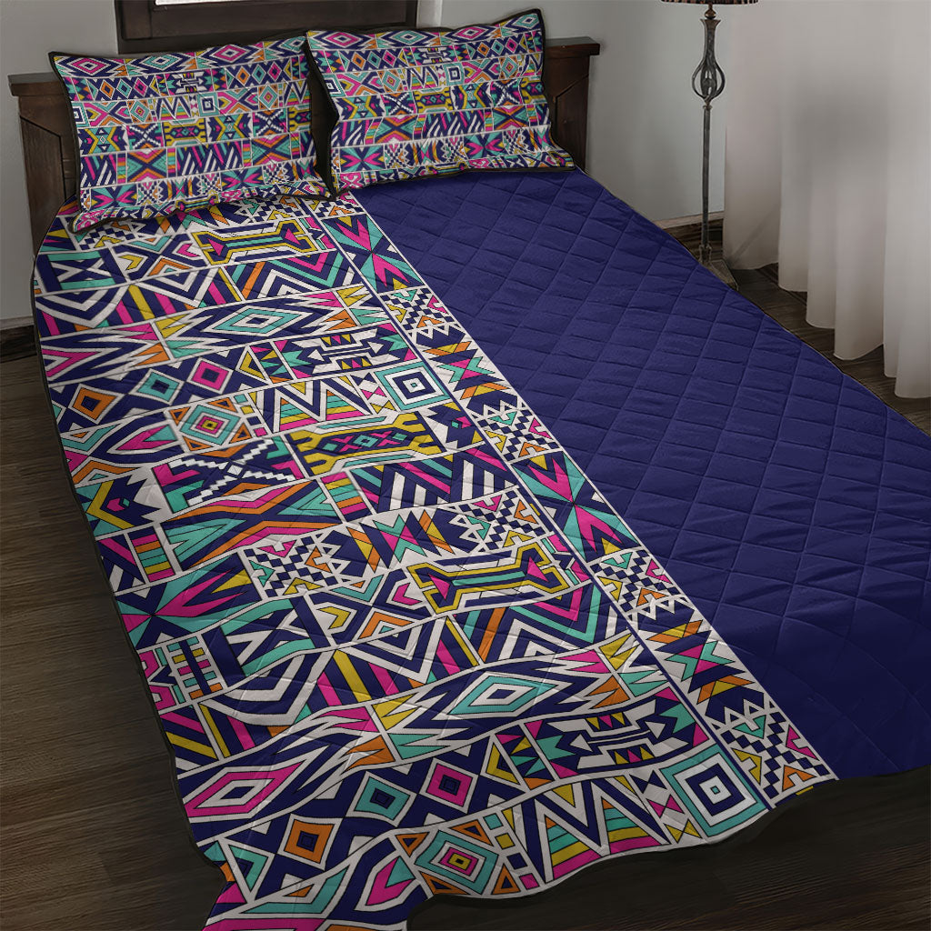 African Ndebele Art Patterns Quilt Bed Set Navy Blue Half Style