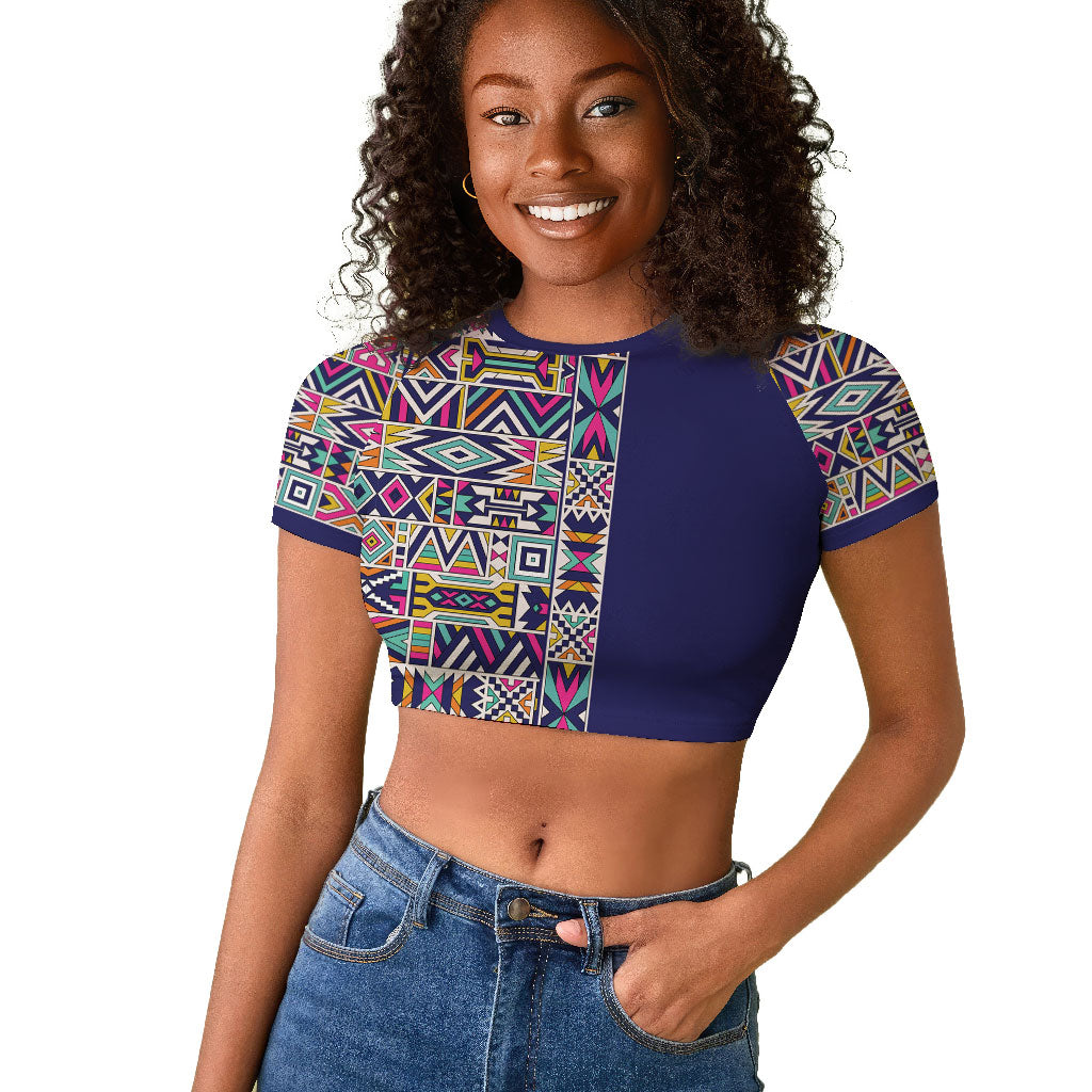 African Ndebele Art Patterns Raglan Cropped T shirt Navy Blue Half Style