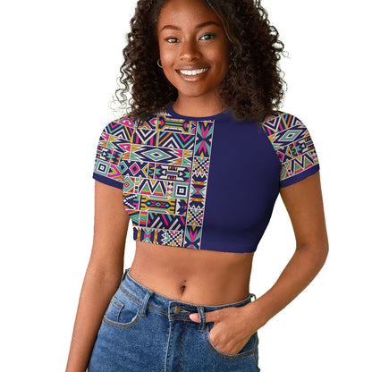 African Ndebele Art Patterns Raglan Cropped T shirt Navy Blue Half Style
