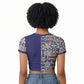 African Ndebele Art Patterns Raglan Cropped T shirt Navy Blue Half Style