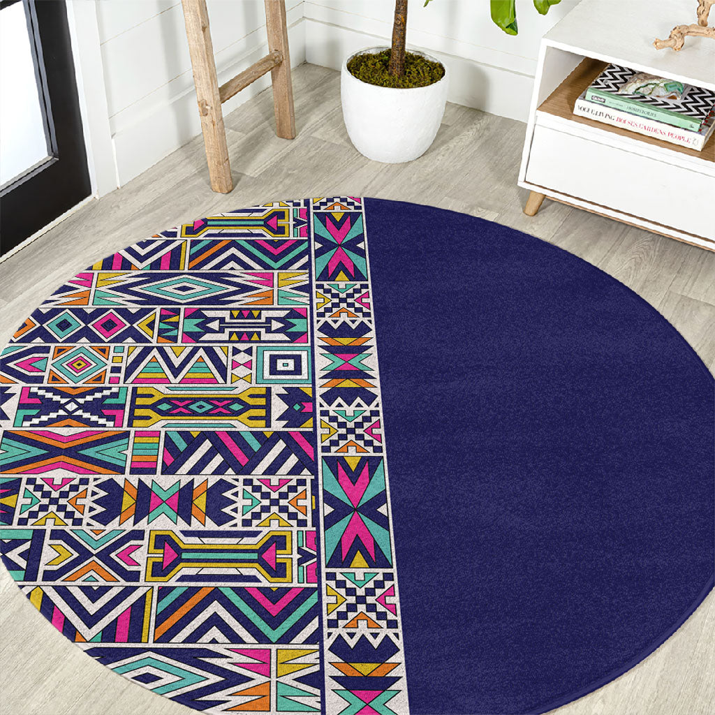 African Ndebele Art Patterns Round Carpet Navy Blue Half Style