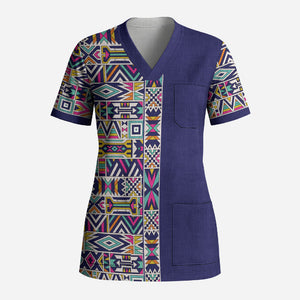 African Ndebele Art Patterns Scrub Top Navy Blue Half Style