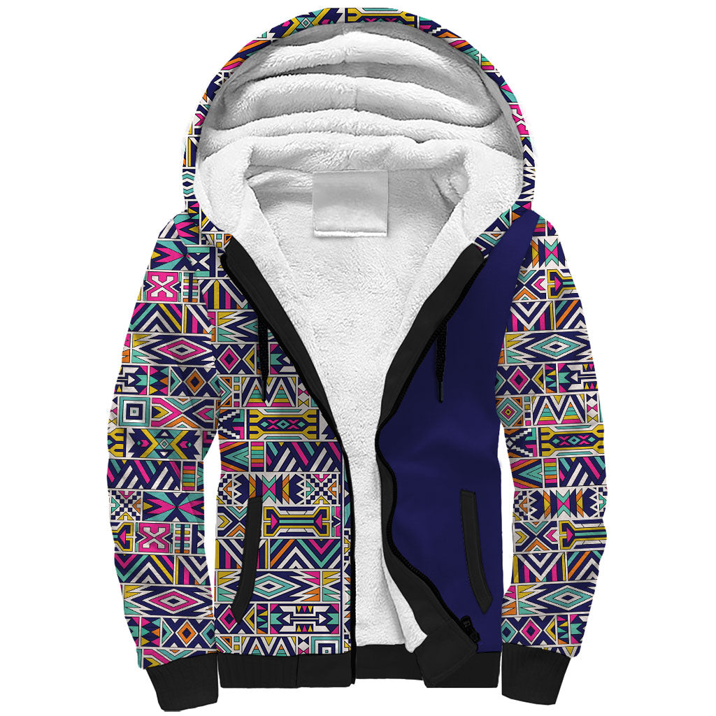 African Ndebele Art Patterns Sherpa Hoodie Navy Blue Half Style