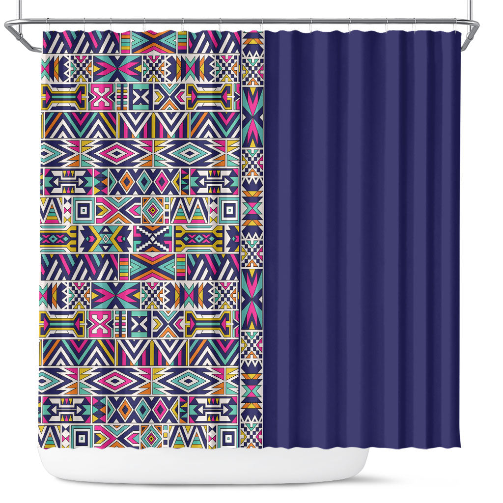 African Ndebele Art Patterns Shower Curtain Navy Blue Half Style