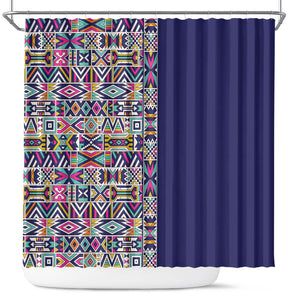African Ndebele Art Patterns Shower Curtain Navy Blue Half Style