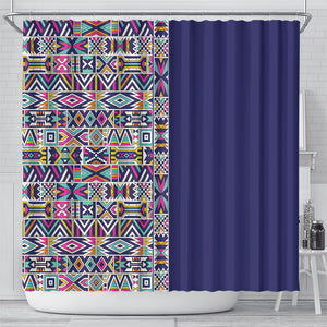 African Ndebele Art Patterns Shower Curtain Navy Blue Half Style