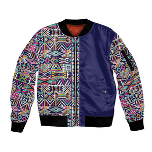 African Ndebele Art Patterns Sleeve Zip Bomber Jacket Navy Blue Half Style