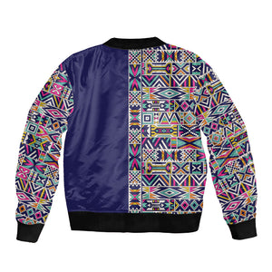 African Ndebele Art Patterns Sleeve Zip Bomber Jacket Navy Blue Half Style