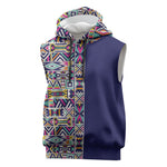 African Ndebele Art Patterns Sleeveless Hoodie Navy Blue Half Style