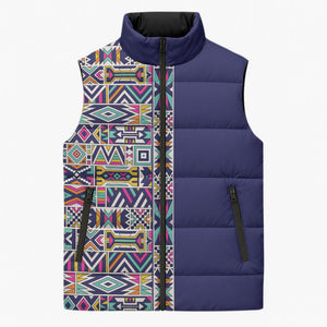 African Ndebele Art Patterns Sleeveless Puffer Jacket Navy Blue Half Style