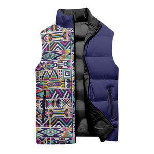 African Ndebele Art Patterns Sleeveless Puffer Jacket Navy Blue Half Style