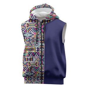 African Ndebele Art Patterns Sleeveless Zip Hoodie Navy Blue Half Style