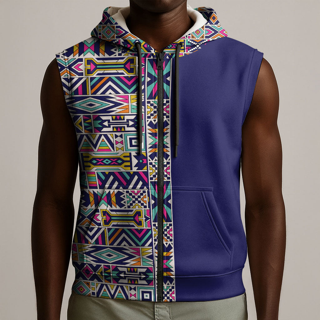 African Ndebele Art Patterns Sleeveless Zip Hoodie Navy Blue Half Style