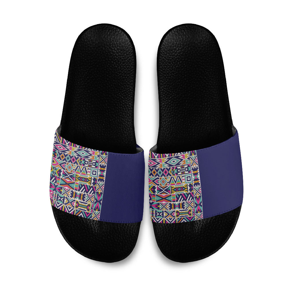 African Ndebele Art Patterns Slide Sandals Navy Blue Half Style