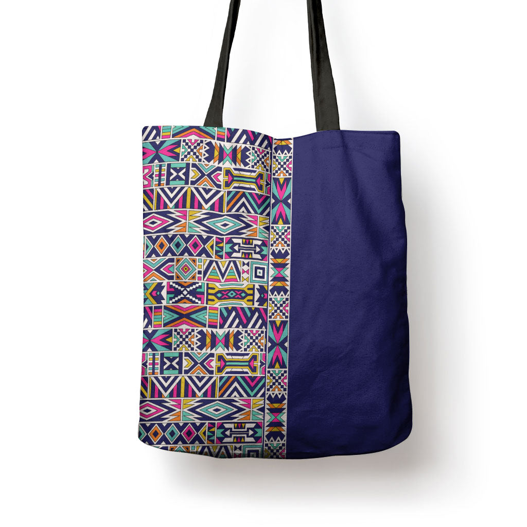 African Ndebele Art Patterns Tote Bag Navy Blue Half Style