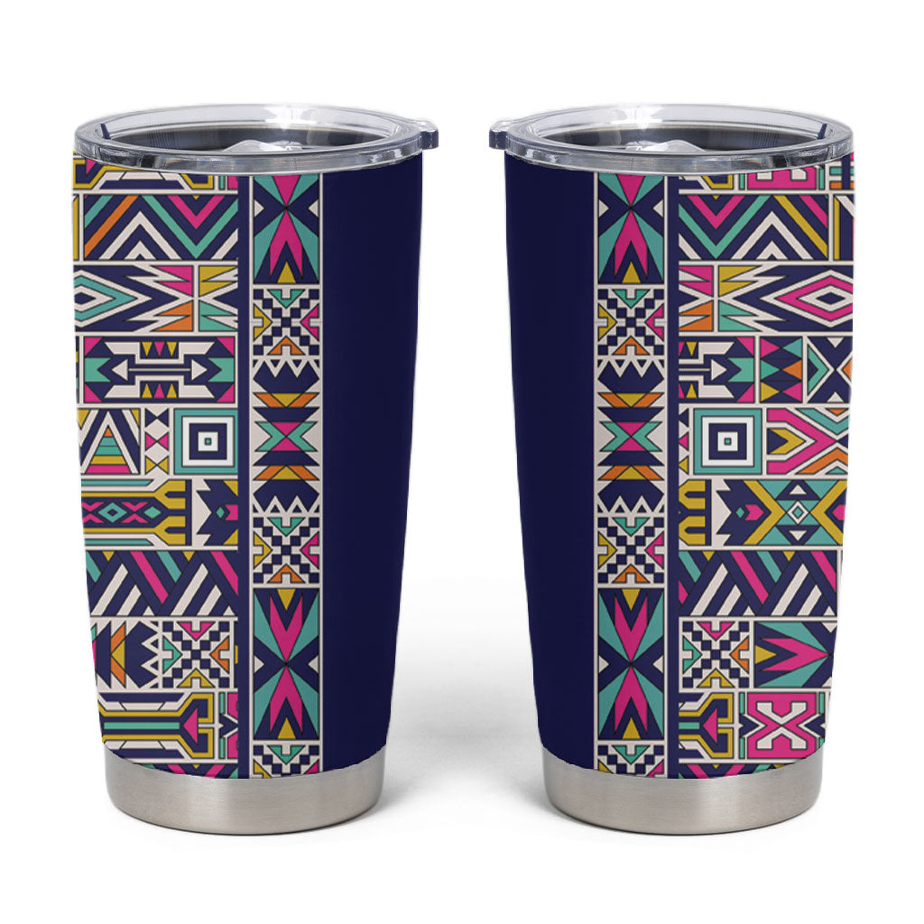 African Ndebele Art Patterns Tumbler Cup Navy Blue Half Style