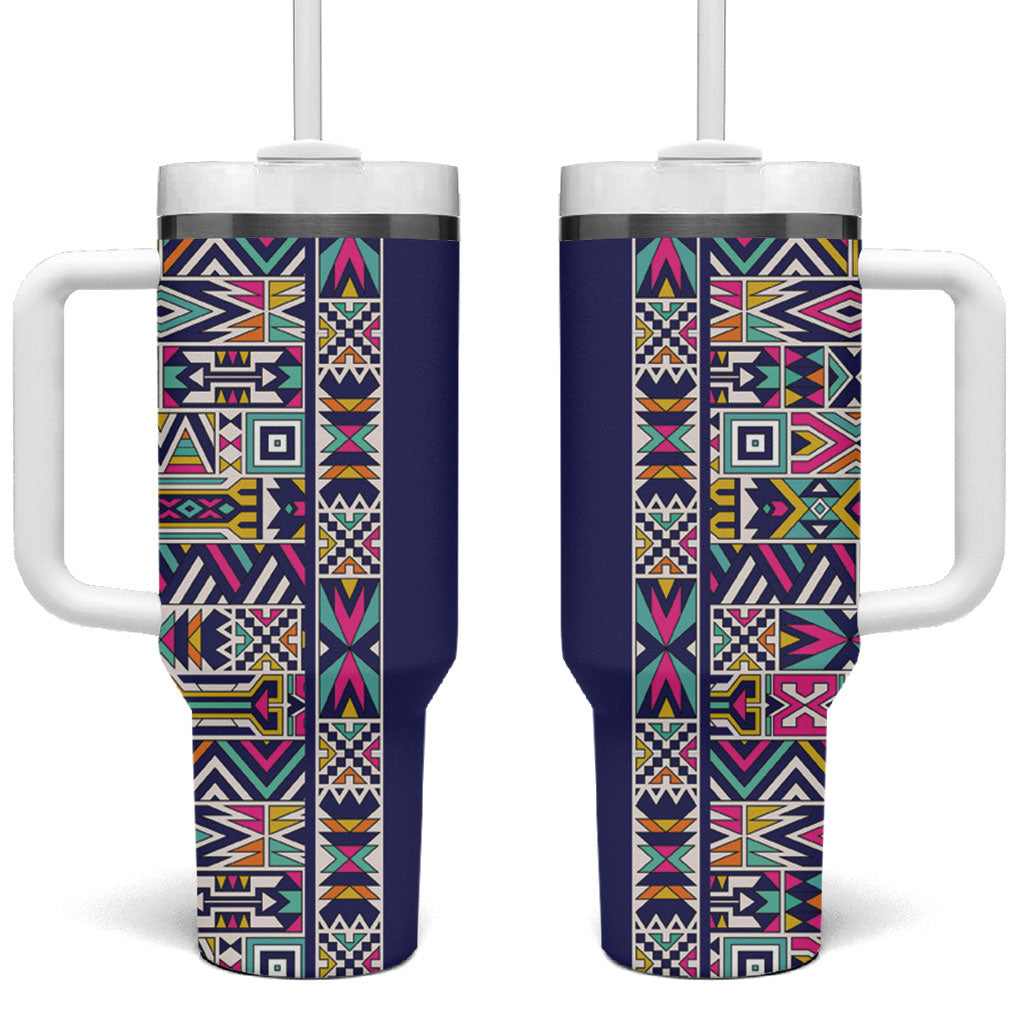 African Ndebele Art Patterns Tumbler With Handle Navy Blue Half Style