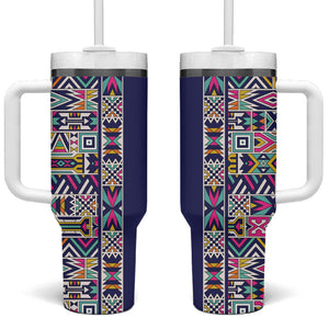 African Ndebele Art Patterns Tumbler With Handle Navy Blue Half Style