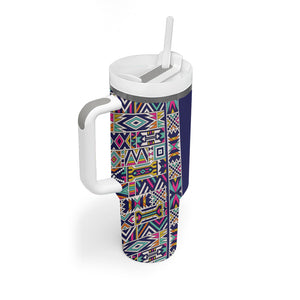 African Ndebele Art Patterns Tumbler With Handle Navy Blue Half Style