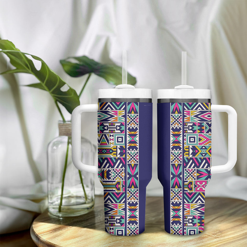 African Ndebele Art Patterns Tumbler With Handle Navy Blue Half Style