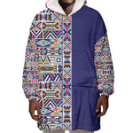 African Ndebele Art Patterns Wearable Blanket Hoodie Navy Blue Half Style
