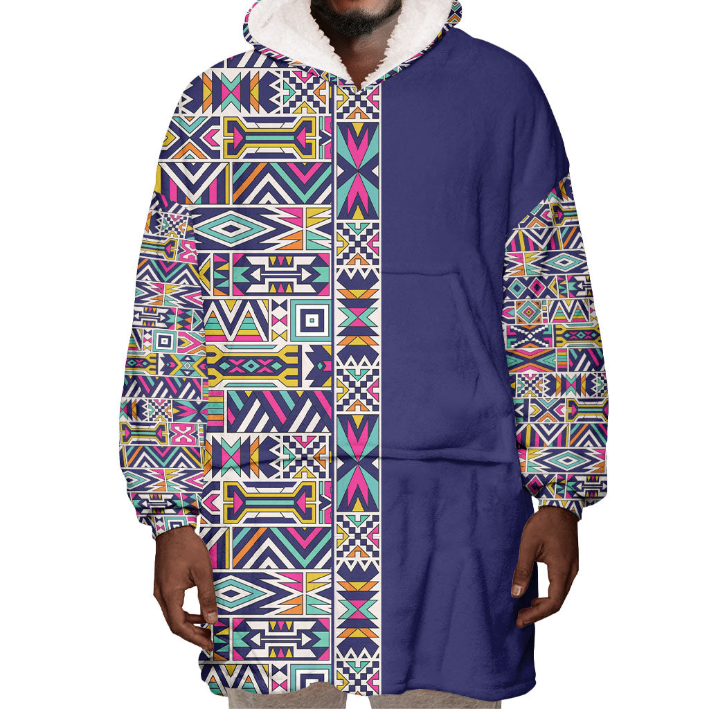 African Ndebele Art Patterns Wearable Blanket Hoodie Navy Blue Half Style