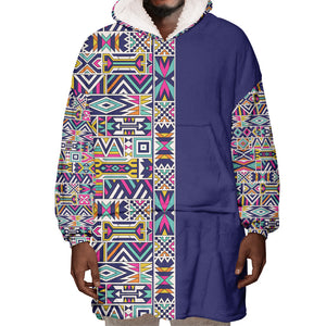 African Ndebele Art Patterns Wearable Blanket Hoodie Navy Blue Half Style