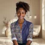 African Ndebele Art Patterns Women Casual Shirt Navy Blue Half Style