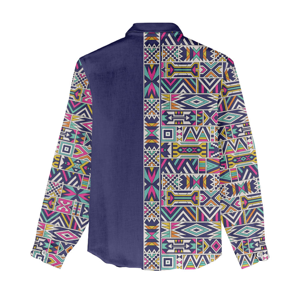 African Ndebele Art Patterns Women Casual Shirt Navy Blue Half Style