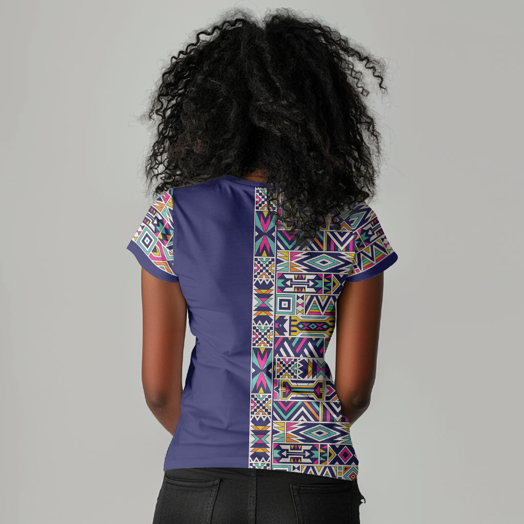 African Ndebele Art Patterns Women V-Neck T-Shirt Navy Blue Half Style