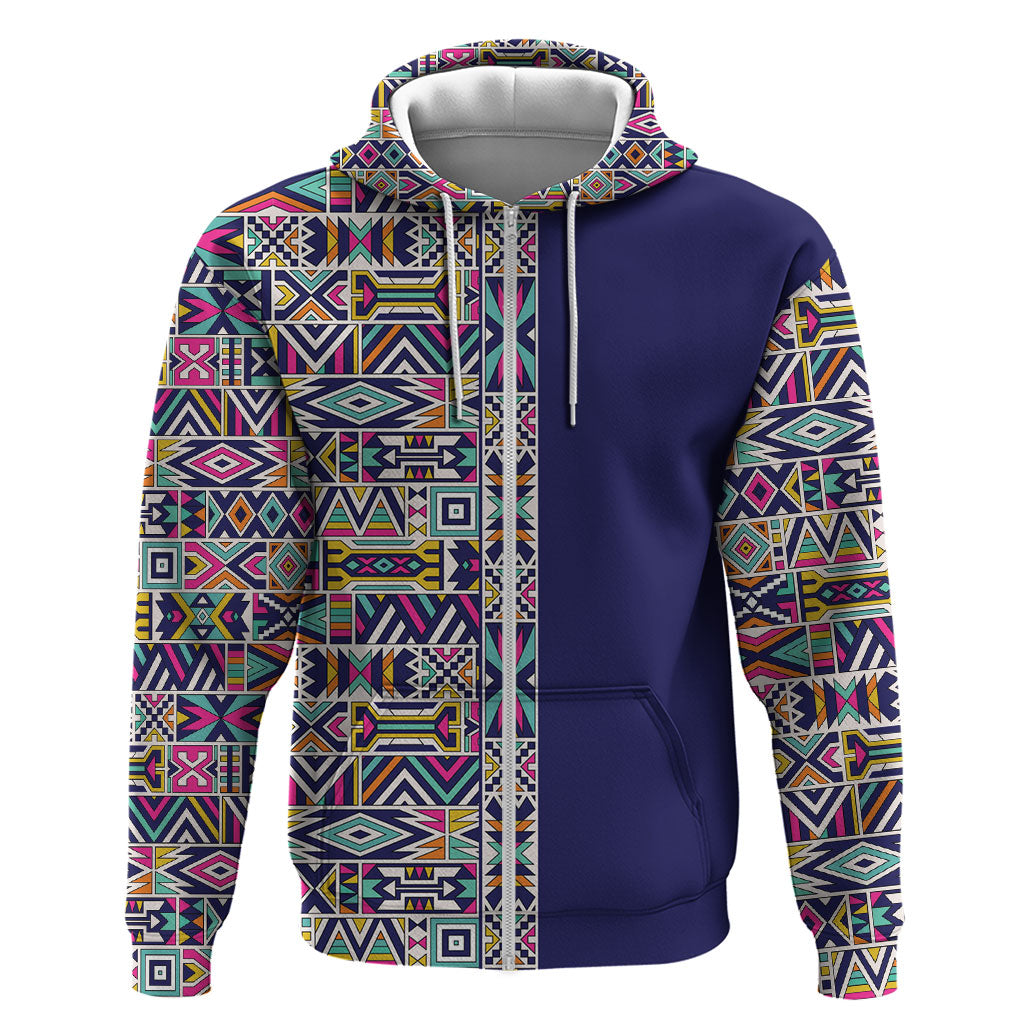 African Ndebele Art Patterns Zip Hoodie Navy Blue Half Style
