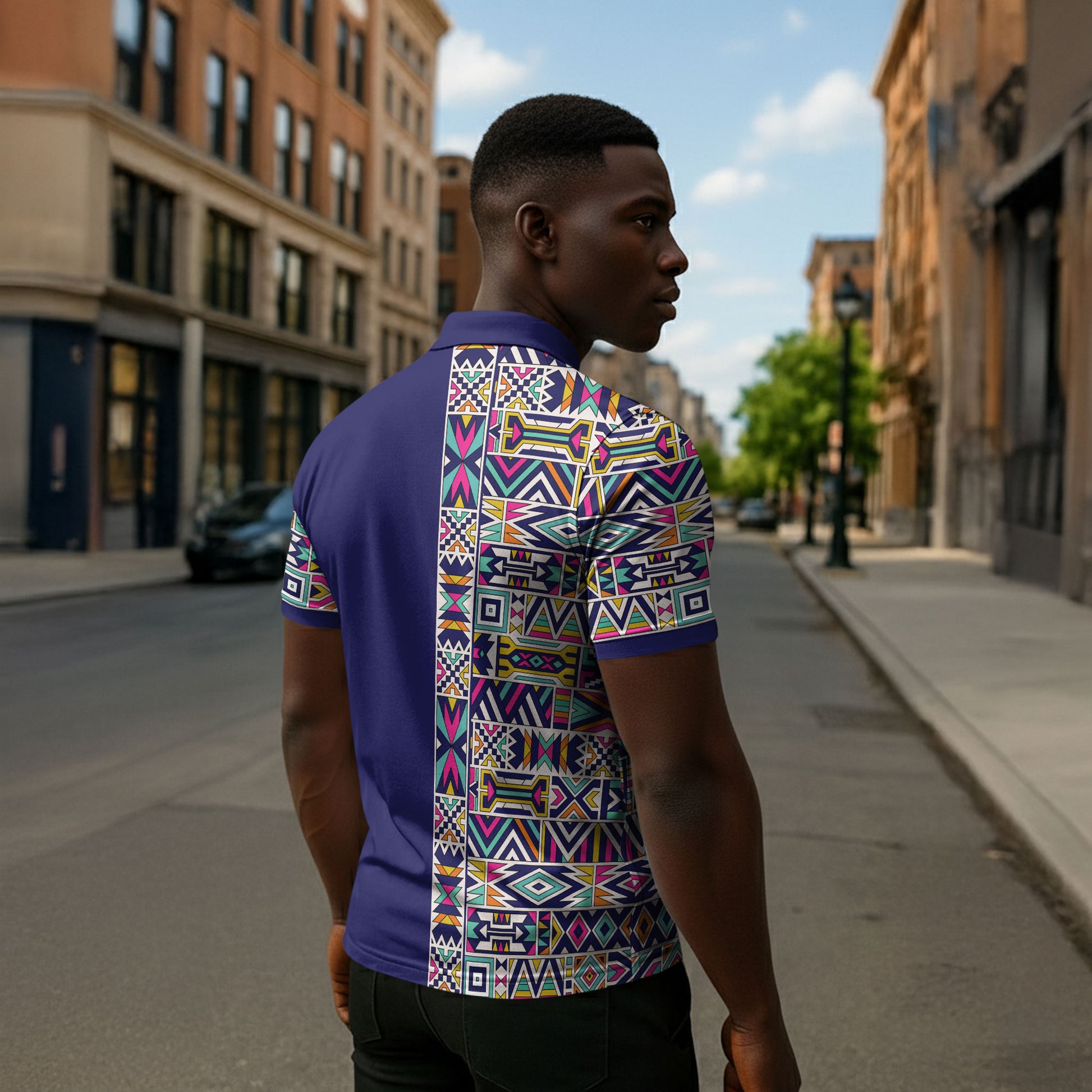 African Ndebele Art Patterns Zipper Polo Shirt Navy Blue Half Style