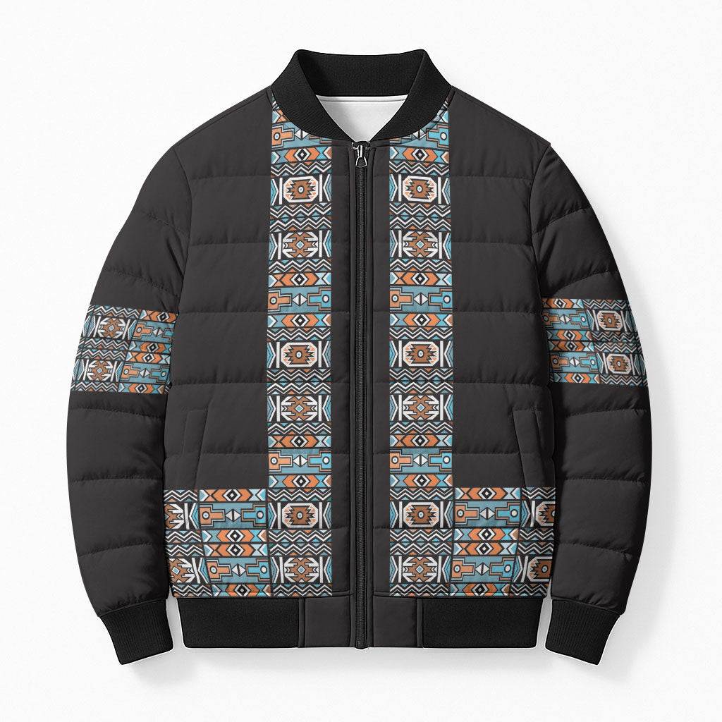 African Ndebele Traditional Attire Bomber Puffer Jacket Black Ndebele Stripe