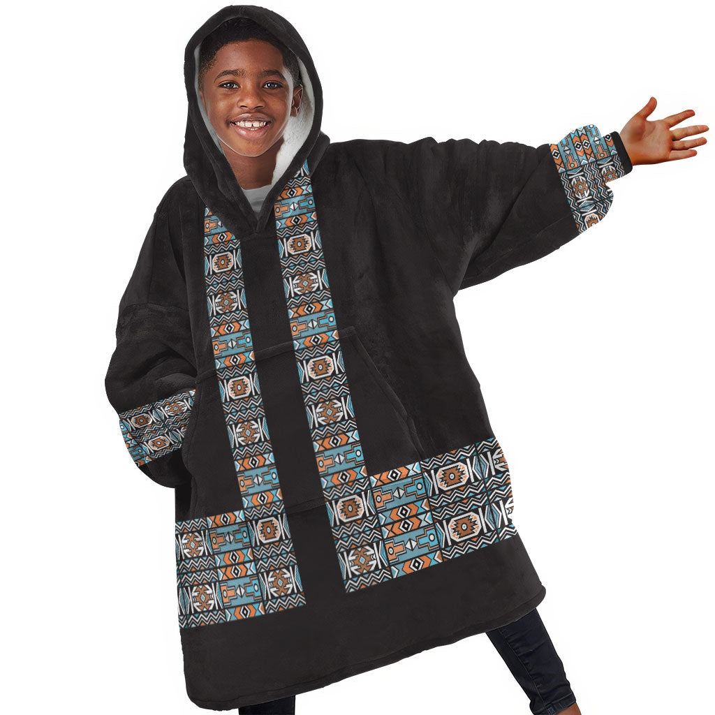 African Ndebele Traditional Attire Kid Wearable Blanket Hoodie Black Ndebele Stripe