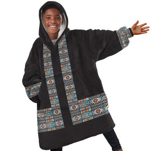 African Ndebele Traditional Attire Kid Wearable Blanket Hoodie Black Ndebele Stripe